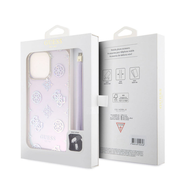 Maska za iPhone 15 Pro Guess Hc PC TPU Iridescent Glitter Pattern Peony Cordstrap ljubičasta - GUHCP15LHPELISU