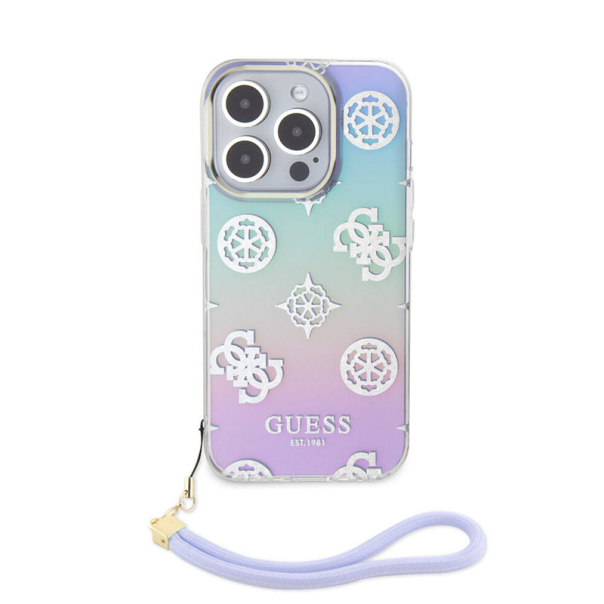 Maska za iPhone 15 Pro Guess Hc PC TPU Iridescent Glitter Pattern Peony Cordstrap ljubičasta - GUHCP15LHPELISU