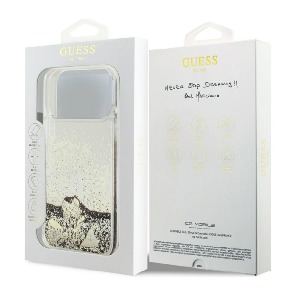 Maska za iPhone 17 Pro Max Guess Liq Glitter 4 Charms zlatna - DRO621579