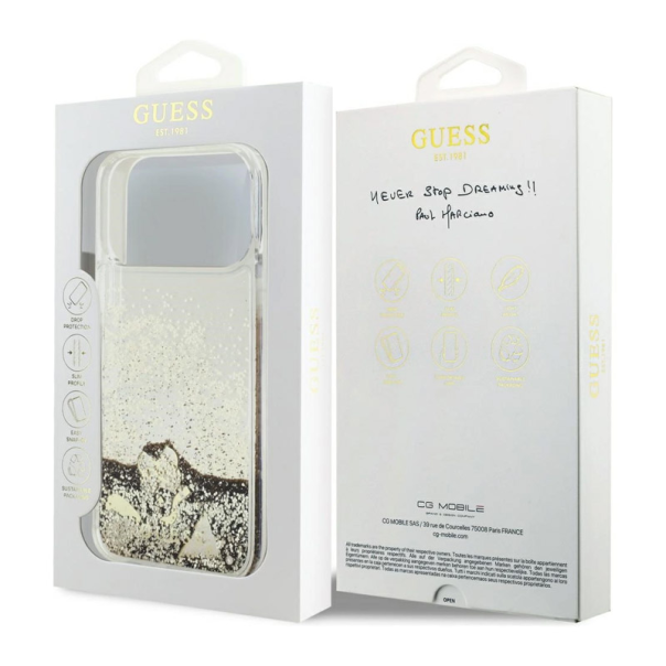 Maska za iPhone 17 Pro Guess Liq Glitter 4 Charms zlatna - DRO621578