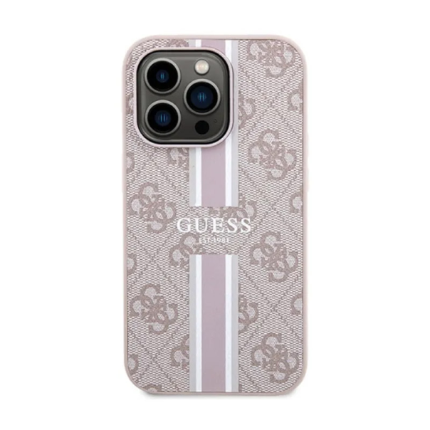 Maska za iPhone 15 Pro Guess MagSafe 4G Pu Printed Stripes roze - GUHMP15LP4RPSP
