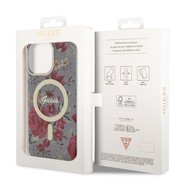 Maska za iPhone 14 Pro Kaki Guess PC/TPU Flowers IML MagSafe Compatible - GUHMP14LHCFWSA