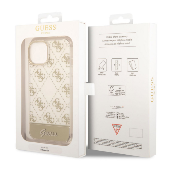 Maska za iPhone 14 Guess PC/ TPU Peony Glitter Script Logo zlatna - GUHCP14SHG4MHG