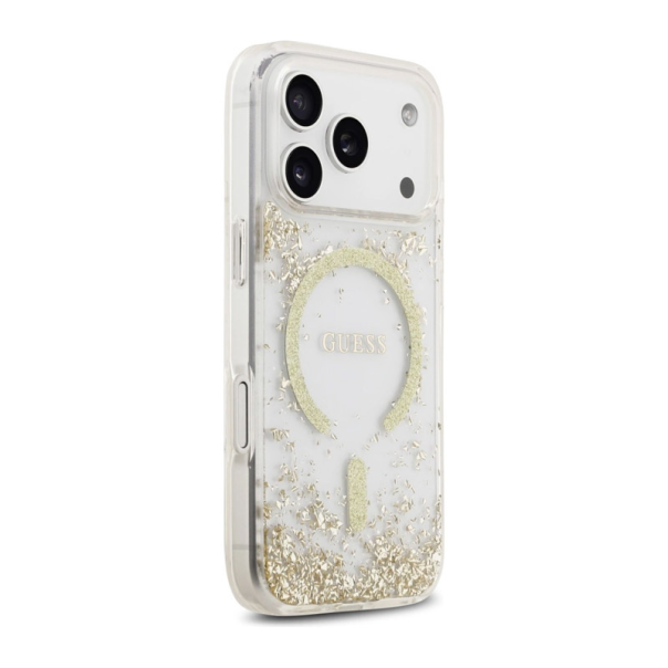Maska Guess Resin Bottom Glitter MagSafe zaiPhone 17 Pro zlatna - DRO621575