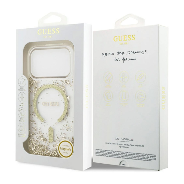 Maska Guess Resin Bottom Glitter MagSafe zaiPhone 17 Pro zlatna - DRO621575