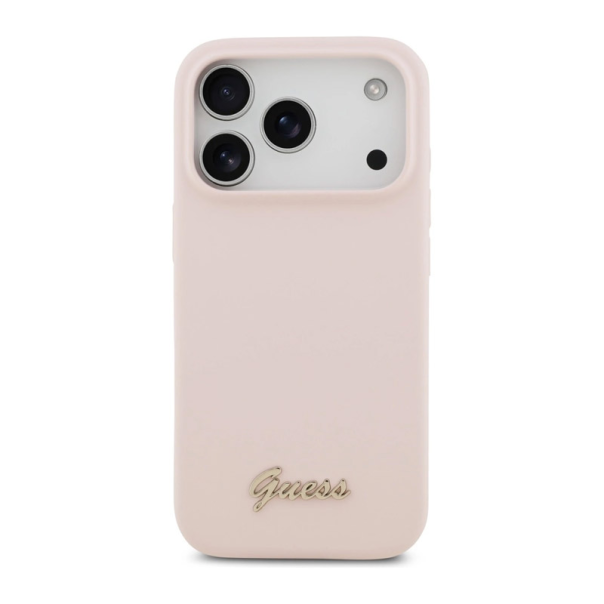 Maska za iPhone 17 Pro Guess Silicone Script Metal Logo MagSafe Phone Case Cover pink - DRO621573