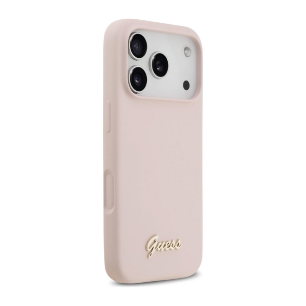 Maska za iPhone 17 Pro Guess Silicone Script Metal Logo MagSafe Phone Case Cover pink - DRO621573