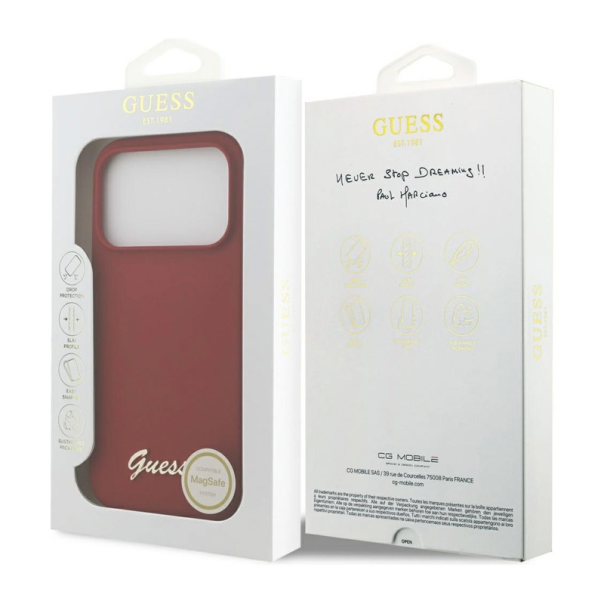 Maska za iPhone 17 Pro Guess Silicone Script Metal Logo MagSafe Phone Case Cover crvena - DRO621570