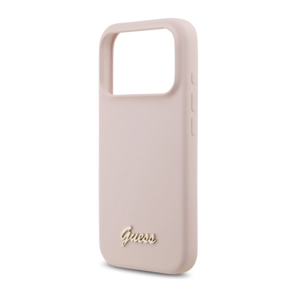 Maska za iPhone 17 Pro Guess Silicone Script Metal Logo MagSafe Phone Case Cover pink - DRO621573