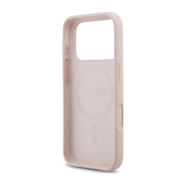 Maska za iPhone 17 Pro Guess Silicone Script Metal Logo MagSafe Phone Case Cover pink - DRO621573