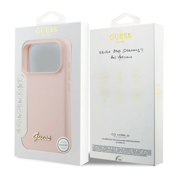 Maska za iPhone 17 Pro Guess Silicone Script Metal Logo MagSafe Phone Case Cover pink - DRO621573