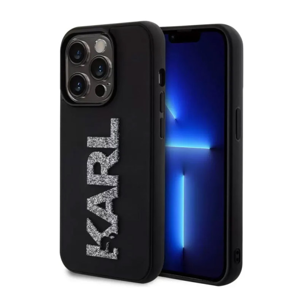 Maska za iPhone 15 Pro Max Karl Lagerfeld 3D Rubber Glitter Logo crna - KLHCP15X3DMBKCK