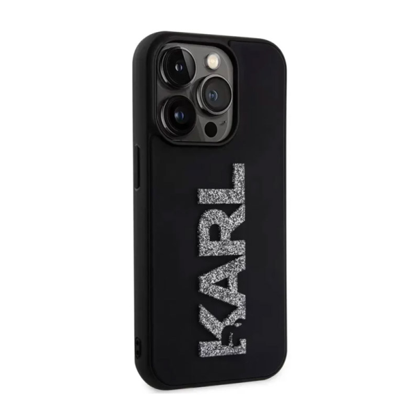 Maska za iPhone 15 Pro Max Karl Lagerfeld 3D Rubber Glitter Logo crna - KLHCP15X3DMBKCK
