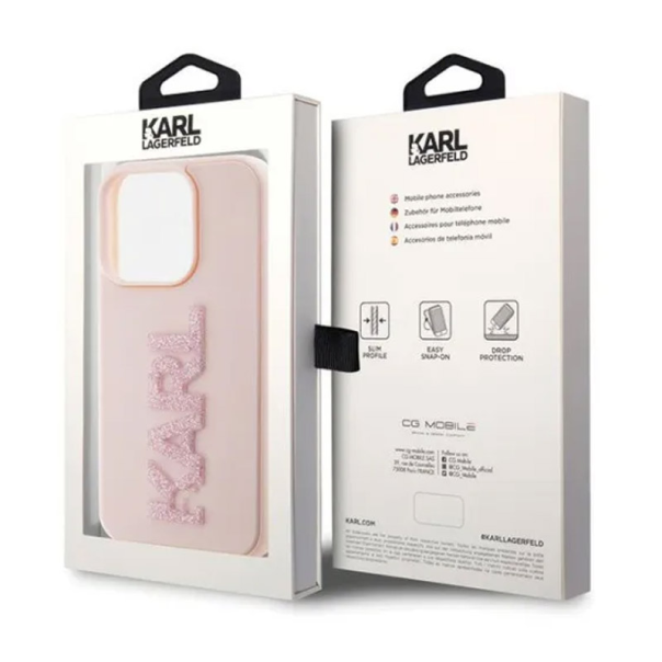 Maska za iPhone 15 Pro Karl Lagerfeld 3D Rubber Glitter Logo roze - KLHCP15L3DMBKCP