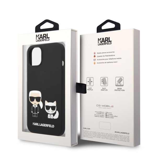 Maska za iPhone 14 Karl Lagerfeld and Choupette Liquid Silicone crna - KLHCP14SSSKCK