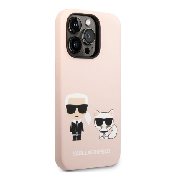 Maska za iPhone 14 Pro Karl Lagerfeld and Choupette Liquid Silicone Pink - KLHCP14LSSKCI