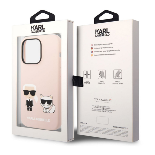 Maska za iPhone 14 Pro Karl Lagerfeld and Choupette Liquid Silicone Pink - KLHCP14LSSKCI