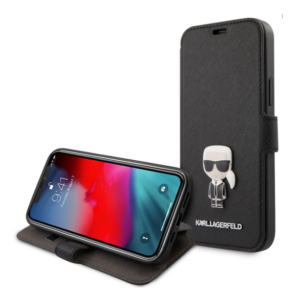 Maska na preklop Karl Lagerfeld Flip Saffiano iPhone 12 Pro Max crna - KLFLBKP12LIKMSBK