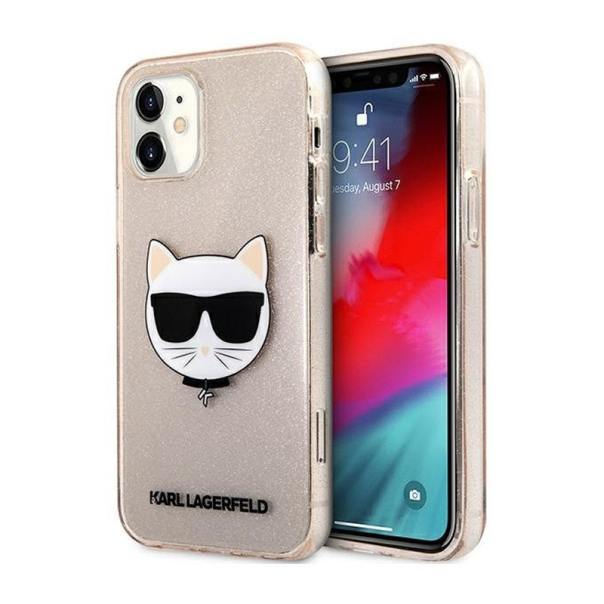 Maska za iPhone 12 Mini zlatna Karl Lagerfeld Glitter Cat - KLHCP12SCHTUGLGO