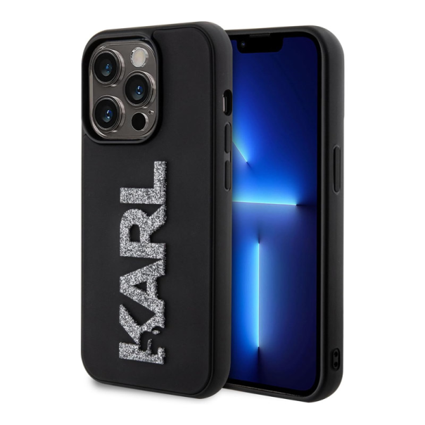 Maska za iPhone 15 Pro Karl Lagerfeld Hc 3D Logo Glitter crna - KLHCP15L3DMBKCK