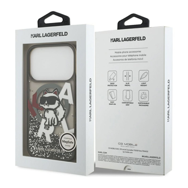 Maska za MagSafe za iPhone 17 Pro Karl Lagerfeld Liquid Glitter Choupette Logo crna - DRO621565
