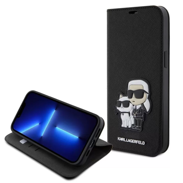 Maska za iPhone 15 Karl Lagerfeld Saffiano BP Nft Karl&Choupette crna - KLBKP15SSANKCPK