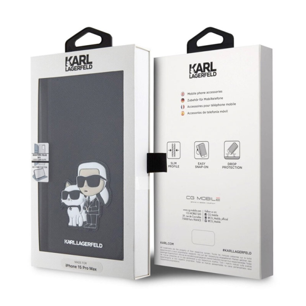 Maska za iPhone 15 Pro Karl Lagerfeld Saffiano BP Nft Karl&Choupette crna - KLBKP15LSANKCPK