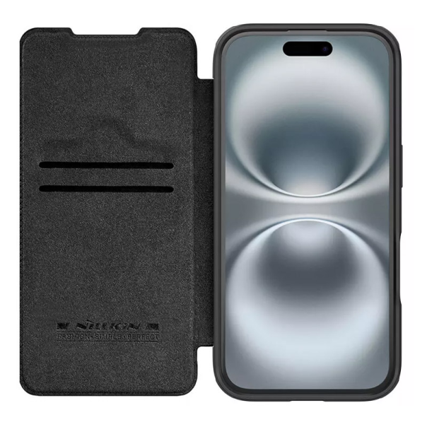 Maska za iPhone 16 (Plain Leather) na preklop Nillkin Qin Prop crna - 513503