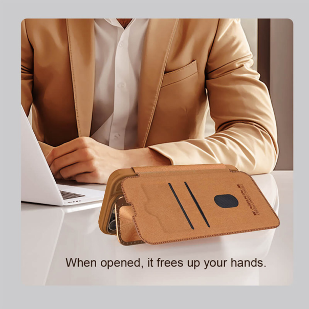 Maska za iPhone 16 (Plain Leather) na preklop Nillkin Qin Prop crna - 513503