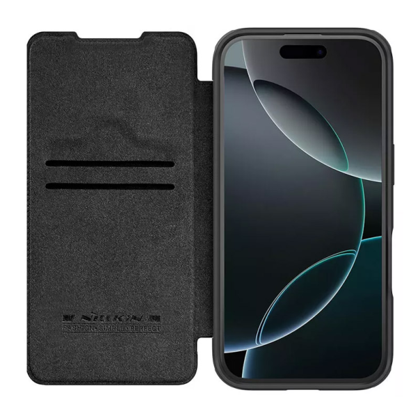 Maska za iPhone 16 Pro Max (Plain Leather) na preklop Nillkin Qin Prop crna - 513508