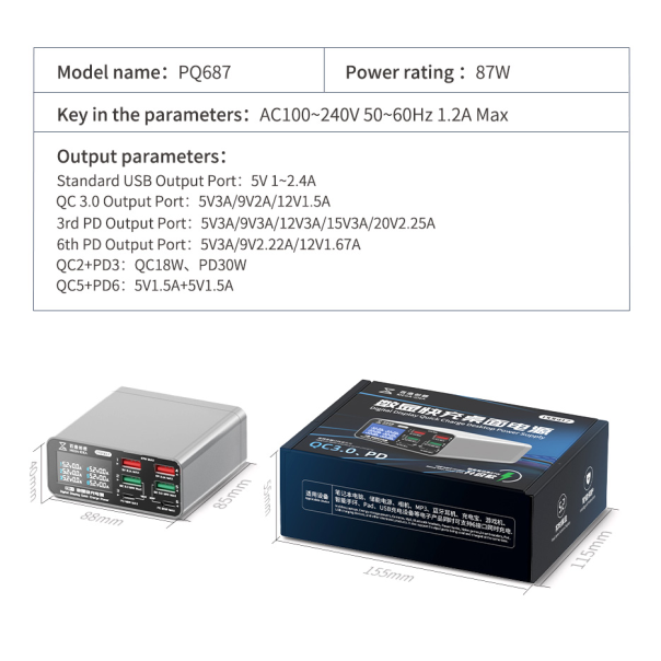 Mega-Idea multifunkcionalni desktop punjač sa PQ687 (87W,Display, Fast charging, 6 port) - 208845