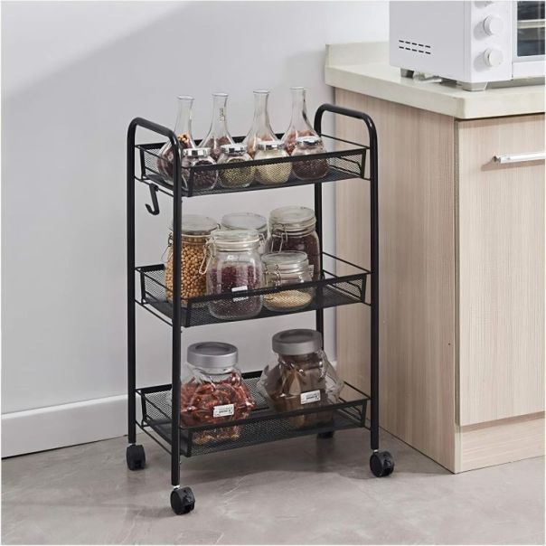 MODERNHOME Metalna mobilna polica za kupatilo sa 3 nivoa i točkićima black - PJJKT0103-03