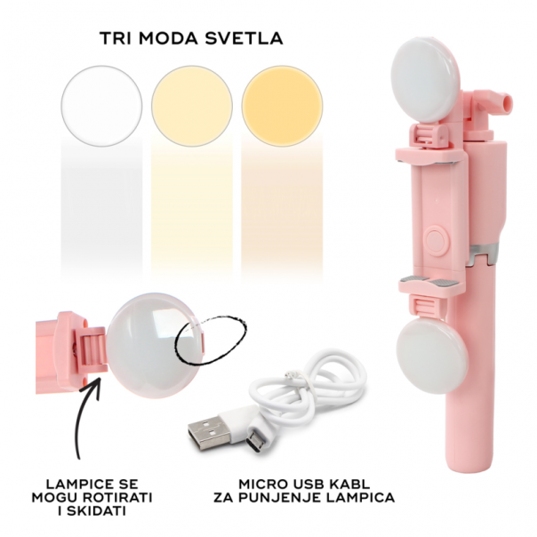 Mini tripod sa LED rasvetom R8 pink - 92206