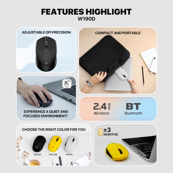 Miš kancelarijski Wireless Fantech W190 zuti - G222350