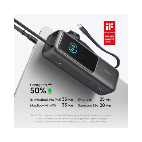 ANKER Power bank 25000mAh, 165W, sa ugrađenim USB-C kablom na izvlačenje, za laptop, crna - EP3001017