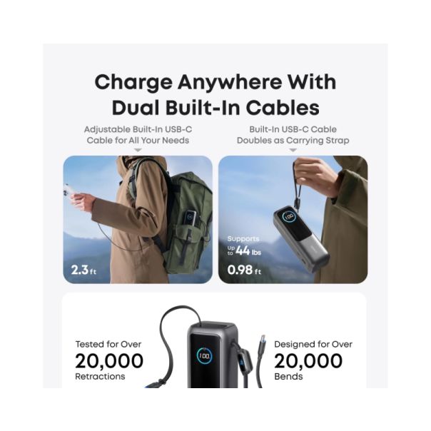ANKER Power bank 25000mAh, 165W, sa ugrađenim USB-C kablom na izvlačenje, za laptop, crna - EP3001017