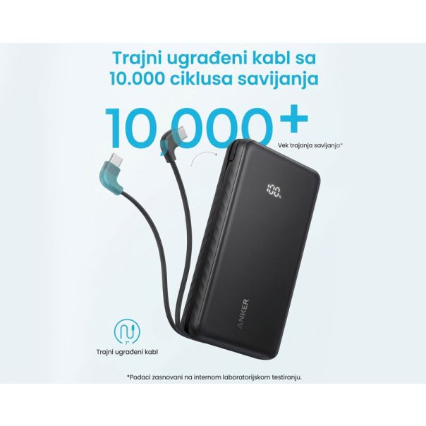 ANKER Zolo 20000mAh, 22.5W, sa ugrađenim USB-C kablom, Power Bank crni - EP2924899