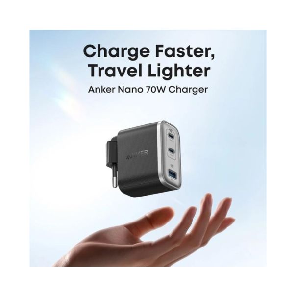 ANKER Punjač Nano 70W GaN, 3-porta (2x USB-C i 1x USB-A), crna - EP2893060