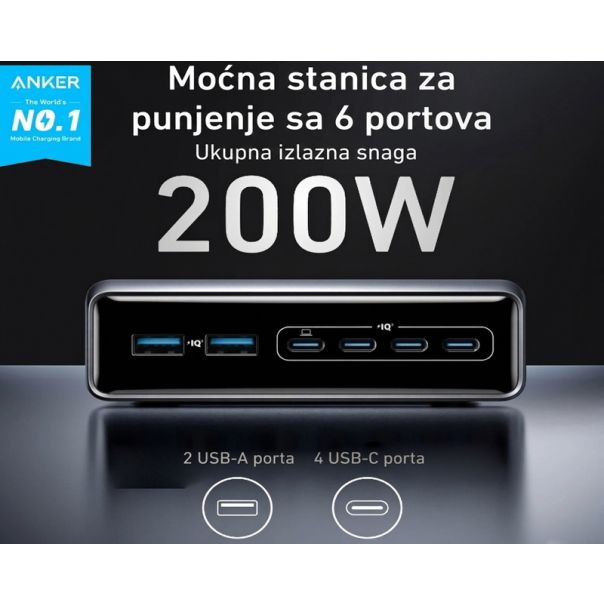 ANKER Prime 200W GaN stoni brzi punjač, 6-portova (4x USB-C i 2x USB-A) srebrni - EP3027928