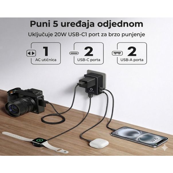 ANKER Nano 20W putni zidni punjač 5-portova (2x USB-A, 2x USB-C, utičnica), crni - EP3027940