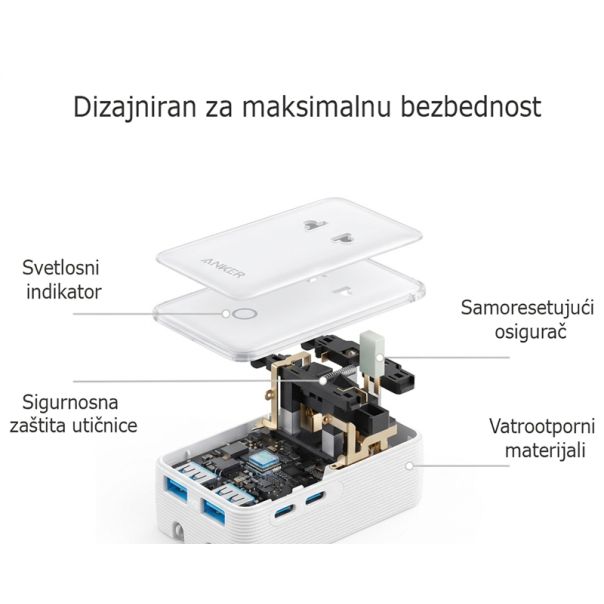 ANKER Nano 20W putni zidni punjač 5-portova (2x USB-A, 2x USB-C, utičnica), beli - EP3027943