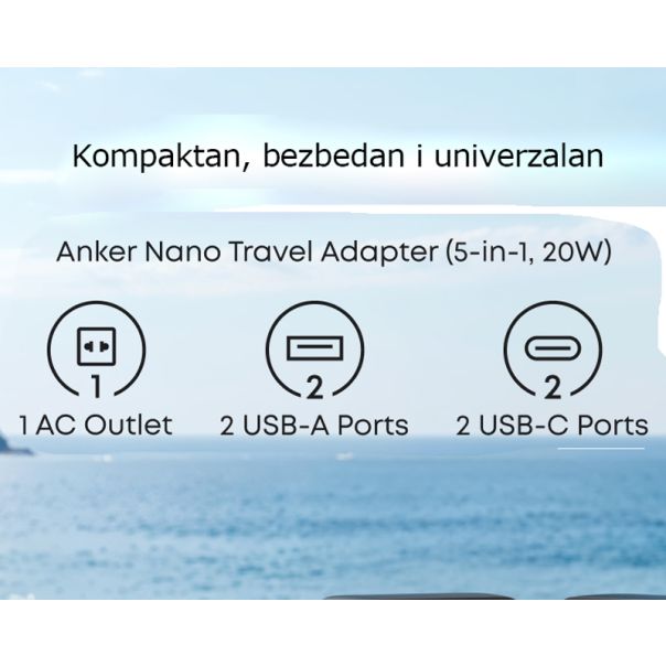 ANKER Nano 20W putni zidni punjač 5-portova (2x USB-A, 2x USB-C, utičnica), beli - EP3027943