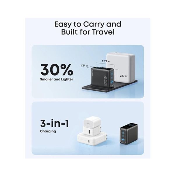 ANKER 100W GaN zidni brzi punjač, 3-porta (2x USB-C i 1x USB-A) sa USB-C M/M kablom, tamno sivi - EP3027954