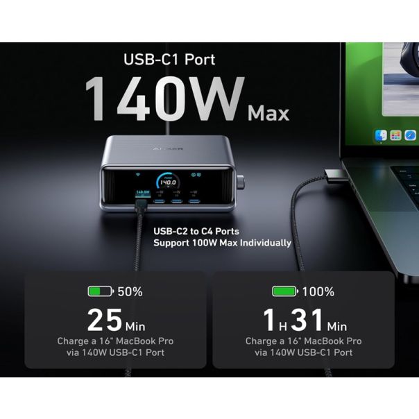 ANKER Prime 250W GaN stoni brzi punjač, 6-portova (4x USB-C, 2x USB-A) srebrni - EP3027925