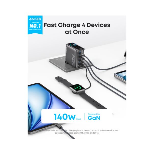 ANKER Punjač 140W, 4-porta (3x USB-C, 1x USB-A), USB-C kabl , tamno siva - EP2947952