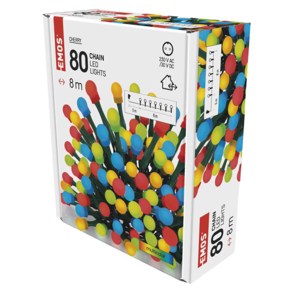 EMOS Svetlosni lanac - cherry 80 LED, 8 m multicolor tajmer - MTG-D5AM02