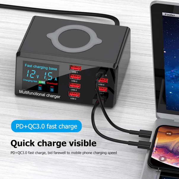 Multi USB punjac WLX-X9 sa LCD-om/8 USB portova+Wireless punjac crni - 213872