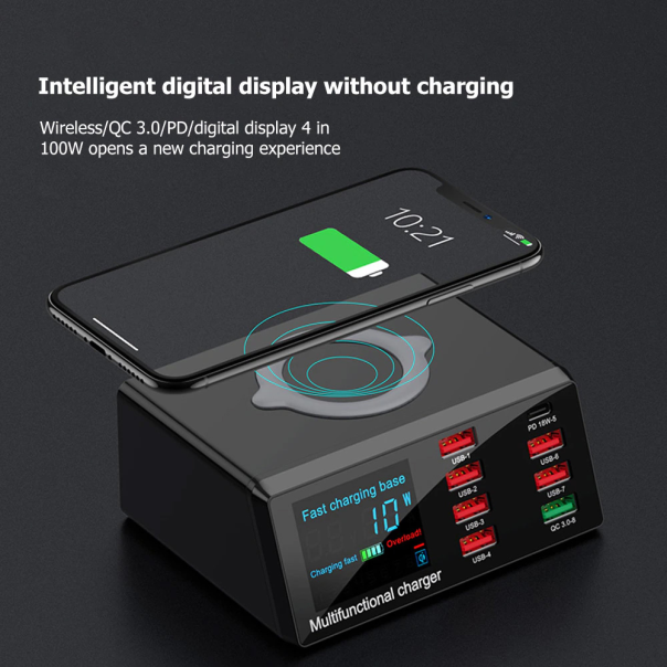 Multi USB punjac WLX-X9 sa LCD-om/8 USB portova+Wireless punjac crni - 213872