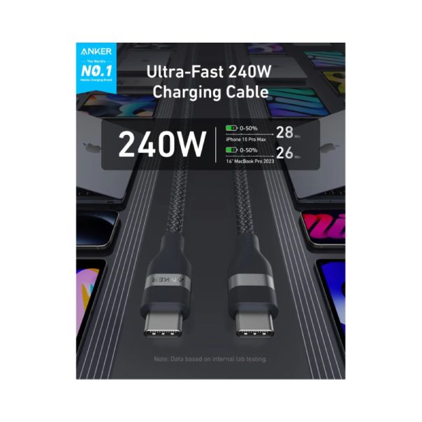 ANKER USB tip-C kabl M/M 1.8m, za Super brzo punjenje 240W/480Mbps, pleteni, crna - EP2893069