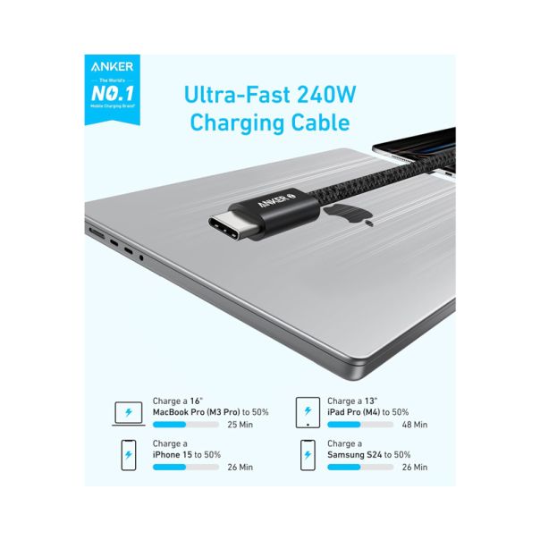 ANKER Kabl Zolo USB tip-C kabl M/M 1m, super brzo punjenje 240W, pleteni, crni - EP2948009
